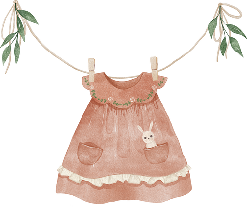 Watercolor baby dress on the clothesline with green leaves